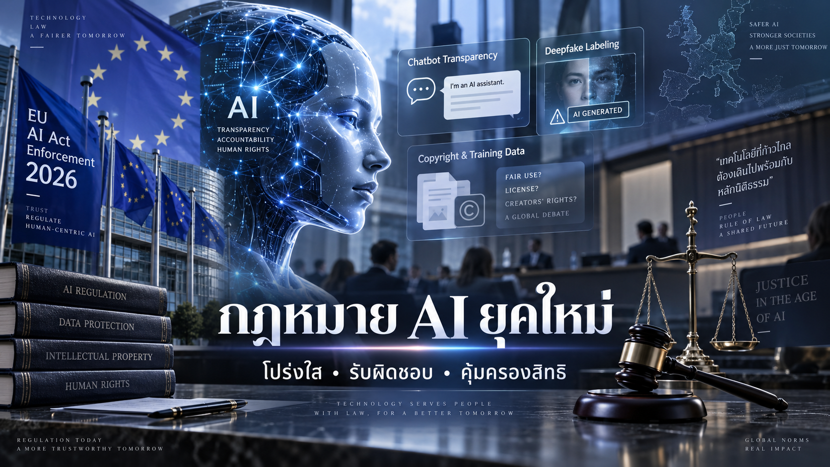 ภาพประกอบกฎหมาย AI ยุคใหม่ แสดงปัญญาประดิษฐ์ ตาชั่งยุติธรรม EU AI Act และประเด็นความโปร่งใสของ AI
