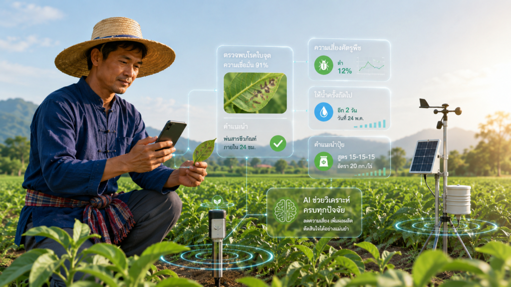 เกษตรกรใช้สมาร์ตโฟนและ AI ตรวจโรคพืชร่วมกับเซนเซอร์วัดสภาพแวดล้อมในแปลงเกษตร