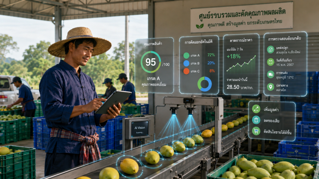 ระบบ AI คัดคุณภาพผลผลิตทางการเกษตรบนสายพานและวิเคราะห์ราคาเพื่อเพิ่มมูลค่าสินค้า