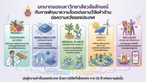 อินโฟกราฟิก 5 ทิศทางวิจัยมหาวิทยาลัยวลัยลักษณ์ ได้แก่ อาหารเพื่อสุขภาพ เซมิคอนดักเตอร์ พืชสมุนไพร พลังงาน และเวลเนส